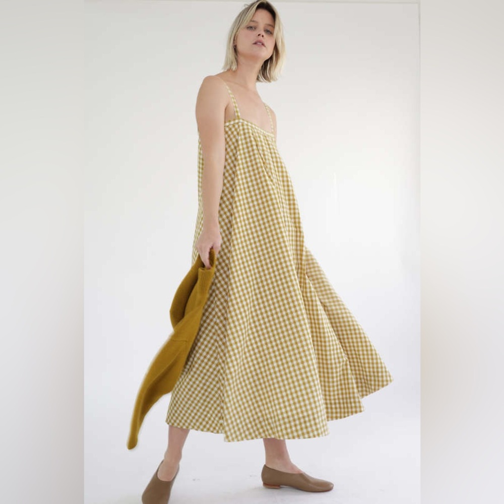 AMENTE TIE BACK MIDI DRESS - MUSTARD GINGHAM New Size Medium - Picture 3 of 9